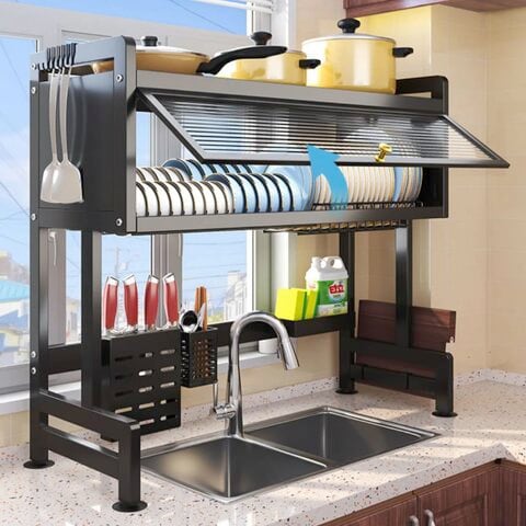HEXAR&reg; Heavy Duty Over The Sink Dish Drying Stand 3 Tier Large Dish Rack Over The Counter Dish Drying Rack for Kitchen Sink Shelf with Door Dish Organizer with Dust-Proof Cabinet (3 TIER with SHELF)