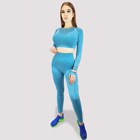 Kidwala 2 Pieces Power Set - High Waisted Leggings with Cropped Long Sleeves Top with Thumb holes Workout Gym Yoga Mesh Outfit for Women (Small, Blue)