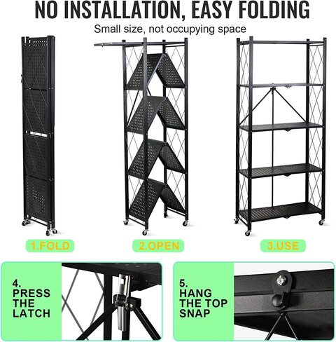 Sky-Touch 5 Tier Foldable Storage Organizer, 35x72x160.5cm Kitchen Cabinet Storage Rack, Movable Steel Storage Shelf Rack, Shelf Storage Multipurpose Rack For Living Room Bedroom Kitchen Garage, Black