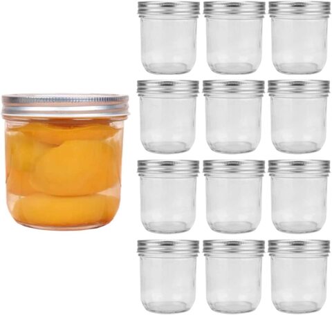 NMS 8 Ounce Glass Straight Sided Regular Mouth Canning Jars - Case of 12 -  With Gold Lids