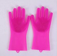 Generic Reusable Silicone Dishwashing Gloves, Pair Of Rubber Scrubbing Gloves For Dishes, Wash Cleaning Gloves With Sponge Scrubbers For Washing Kitchen, Bathroom &amp; More (Magenta)