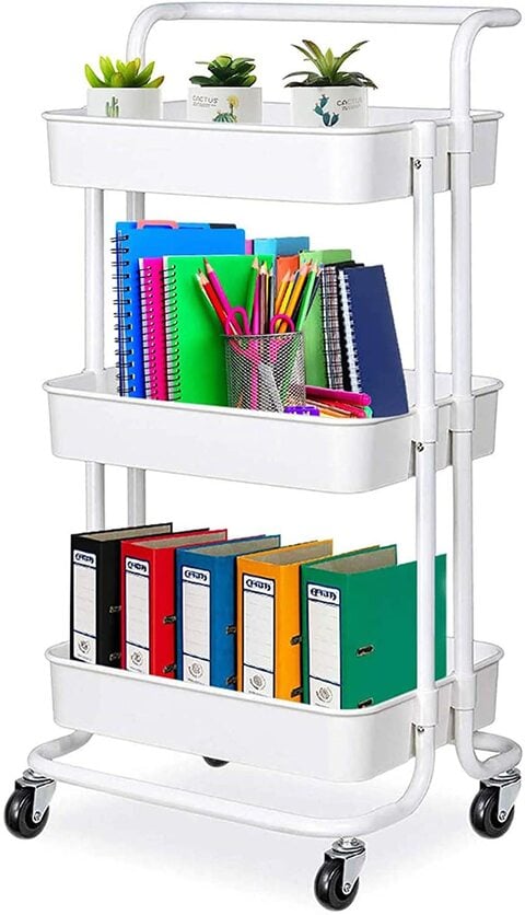 Rolling cart, 3-Tier Utility Rolling Cart Multifunction Storage Service Cart with Handle and Lockable Wheels for Kitchen Bathroom Office Laundry Room (White)