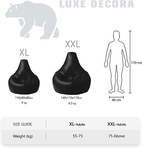 Luxe Decora Faux Leather Tear Drop Recliner Bean Bag With Filling (XL, Black)