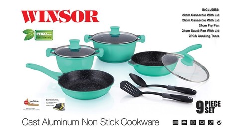 Winsor - 9Pc Cast Aluminum Non-Stick Cookware-Turquoise