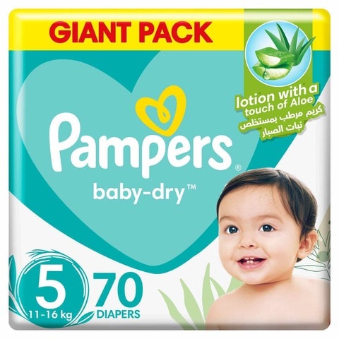 Pampers Aloe Vera Taped Diapers, Size 5, 11-16kg, Giant Pack, 70 Diapers &nbsp;