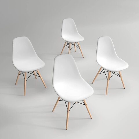 White plastic chair with wooden deals legs