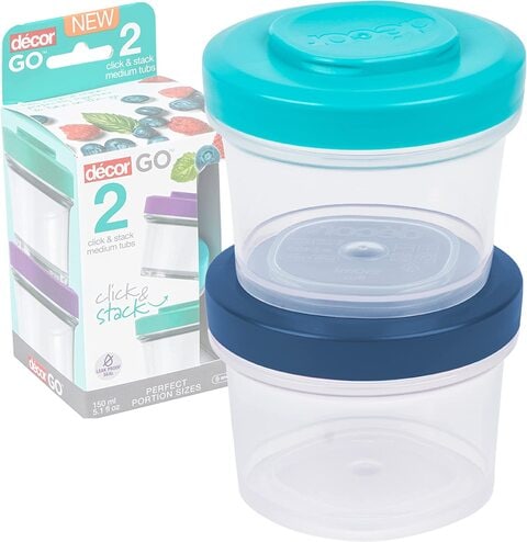 D&eacute;cor Go Click &amp; Snack Tub Medium 150ml 2 Pack Leak-Proof Food Storage Container Bpa Free Dishwasher, Freezer &amp; Microwave Safe, Assorted, 150ml X 2