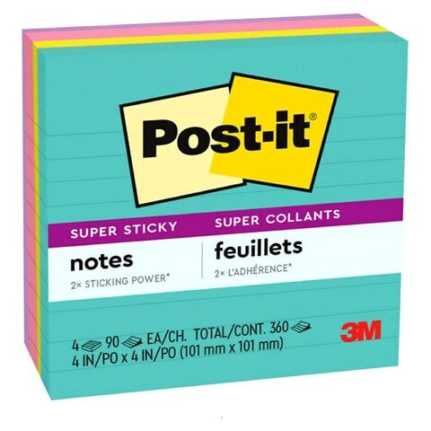 Post-it Super Sticky Notes Miami Collection 675-4SSMIA. 4 x 4 in (101 mm x 101 mm), 90 sheets/pad, 4 pads/Pack. Lined