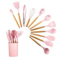 11 Pcs Silicone Kitchen Utensils Set with Holder, Cooking Utensil Sets Spatula Turner Heat Resistant Tool Gadgets with Wooden Handle for Nonstick Cookware,Pink
