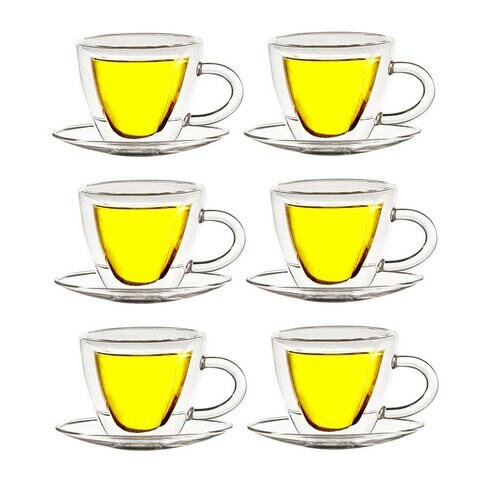 LIHAN  Insulated Double Wall Glass Tea Cups,and Sauces ,Set of 6 * 120 ml,Love-heart design,Made by Heat-resistant material,stovetop and Dishwasher safe,for man and woman home and office