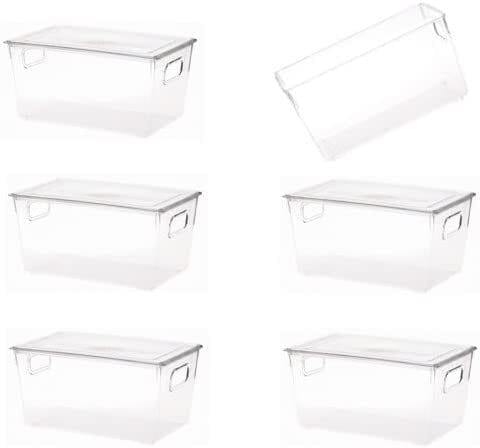 Small Clear Plastic Stackable Refrigerator Bins, Food Storage Containers Box with Lid, Organizers for Kitchen, Pantry &amp; Bathroom (6 Pcs)