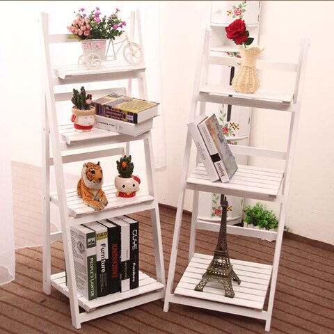 LINGWEI Ladder Design Foldable Wooden Flower Rack Book Shelves Storage Stand Flower Pot Holder For Bedroom Office Restaurants Home Decor 3 floor White