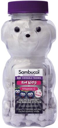 Sambucol Natural Black Elderberry Chewable Teddies, For Kids, Vitamin C, Immune System Booster , 60 Chewable Tablets