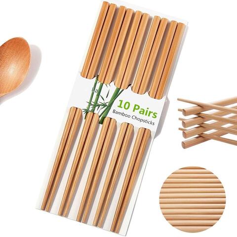 10 Pairs Natural Bamboo Chopsticks, 24cm Reusable Japanese Chinese Chop Stick, Hot Pot Chopsticks, Chopstix Dishwasher Safe Gift Set   Cooking Chop Stix for Noodles, Extra Long Kitchen Chop Sticks