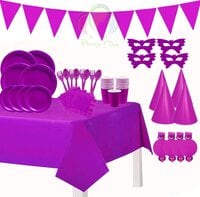 Party Time 110pcs Purple Party Supplies Disposable Paper Dinnerware Set Serves 12 guest Paper Plates Napkins Cups Spoon &amp; Fork Hats Banner Table Cover Party Sets for Wedding Birthday Baby Shower