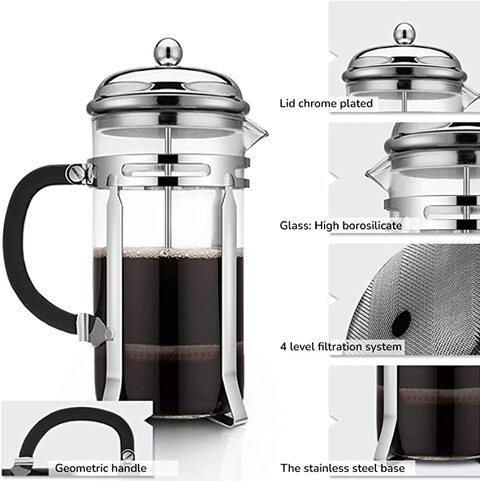 Caffena French Press Coffee Tea Maker - 1 Liter Large Capacity - Heat Resistant 2mm Thick Borosilicate Glass with 4 Level Filtration System, 100% BPA Free (1000 ml)