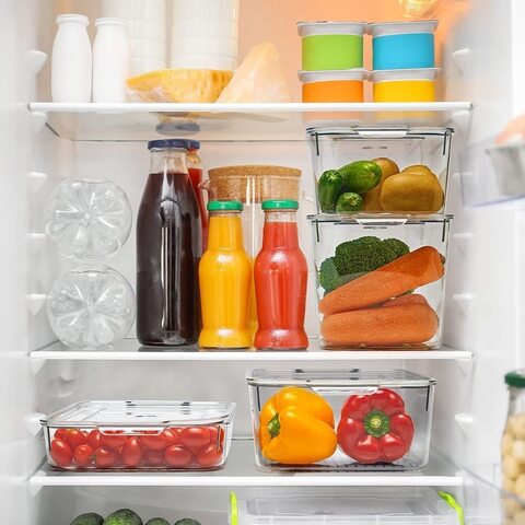 Small Clear Plastic Stackable Refrigerator Bins, Food Storage Containers Box with Lid, handles &amp; bottom stoppers, Organizers for Kitchen Fridge, Pantry &amp; Bathroom (2 Pcs)