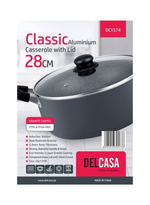 Delcasa Aluminum Casserole With Lid Black/Clear 24centimeter
