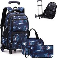Kids Rolling Backpacks Large Capacity Children School Bag Wheeled Boys Girls Luggage Bag Fashion Printed Trolley Bags for Elementary and Middle School (3PCS Set - 5104#Blue)