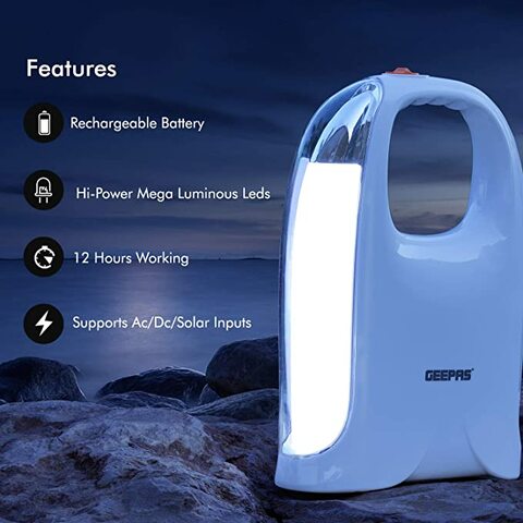Geepas Rechargeable Led Lantern - Emergency Lantern With Portable Handle - 40 Mega Luminous Hi-Power Leds, 12 Hours Working - Ac/Dc/Solar Inputs - Very Suitable For Power Outages - 2 Year Warranty
