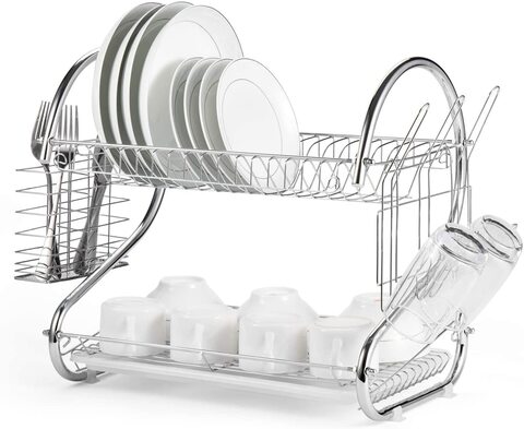 Rubik Dish Drying Rack, 2 Tier Stainless Steel Dish Stand With Utensil Holder, Glass, Cup, Cutlery Holder And Dish Drainer For Kitchen Counter Top, Plated Chrome Dish Dryer Silver