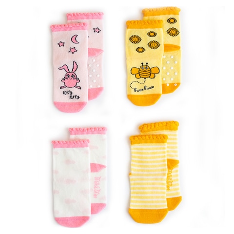 Milk&amp;Moo Buzzy Bee and Chancin Baby Socks, Newborn Socks, Soft, Cotton, Cute, Warm, Breathable, Baby Girl Socks, Non Slip, Grip Socks, 0-12 Months, 4 Pairs