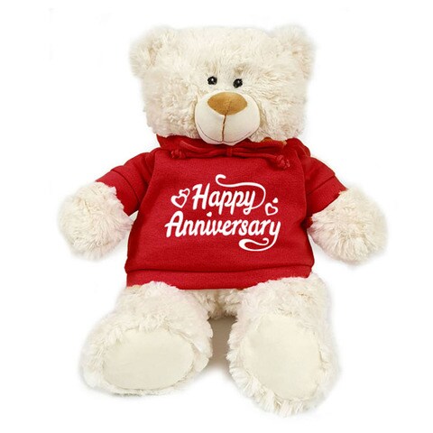 Caravaan Supersoft Cuddly Teddy Bear With Trendy Red Hoodie Happy Anniversary Size 38cm Ideal For Celebrations Boys Girls Parties Soft And Cuddly