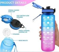 Motivational Water Bottle, Leak-proof, BPA Free with Time Marker, Reusable Drinking Water Bottle for kids &amp; Adults - 1000ml (Blue &amp; Pink)