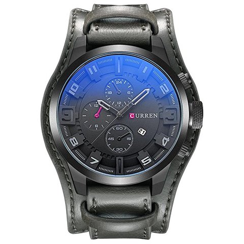 Curren - 8225 Men&#39;s Analog Sports Waterproof Leather Strap Wrist Watch With Date - Grey