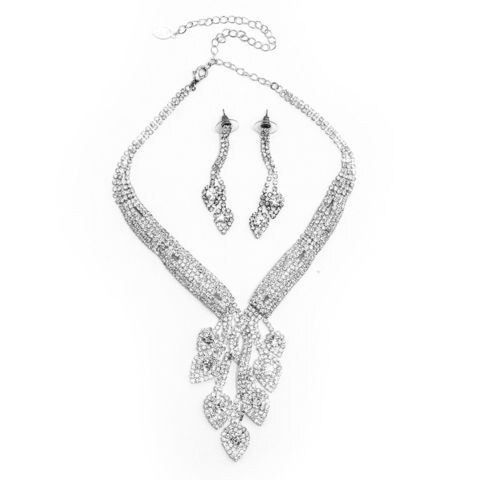 Tanos - Fashion Bling Bling Silver Plated Set (Necklace &amp; Earring) Leaf Design Crystal Rhinestone