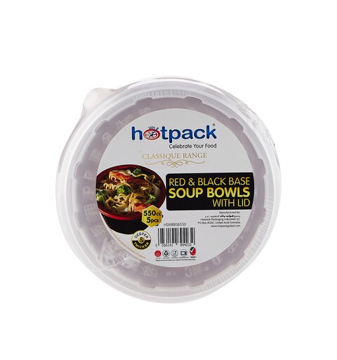 Hotpack Red & Black Base Soup Bowls 550ml with Lids, 5 Pieces