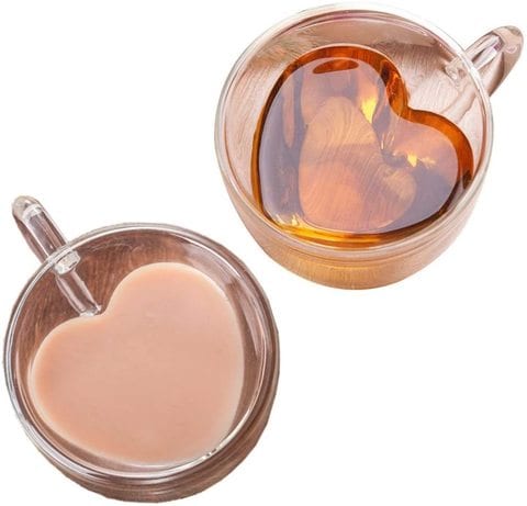Lushh Set of 2 Pcs 200 ML Heart Shape Double Walled Insulated Glass Coffe or Tea Cups , Perfect for everyday use