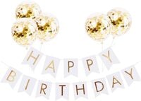 Party Time Birthday Decorations, White and Golden Premium Quality Happy Birthday Banners with Gold Confetti Balloons, Reusable Birthday Party Supplies Perfect for Kids Girls and Adults