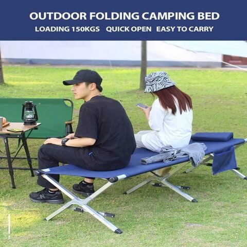 HEXAR Heavy Duty Camping Bed Double Layer Oxford Strong Sleeping Cots with Carry Bag for Adults &amp; Kids Portable Travel Folding Camping Cots for Home Office Outdoor Beach Vacation (BLUE)