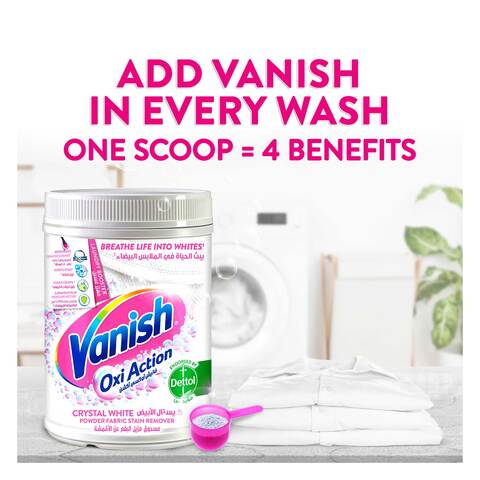 Vanish Oxi Action Crystal White Fabric Stain Remover Powder with Scoop, Ideal for Use in the Washing Machine, 900 g