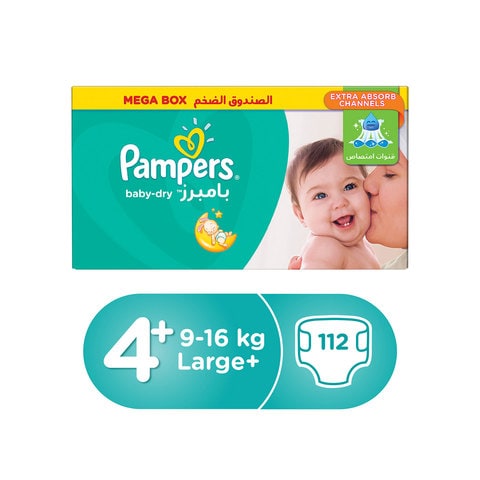 Pampers Baby-Dry Diapers Size 4+ Maxi Plus 9-16 Kg Mega Box 112 Diapers