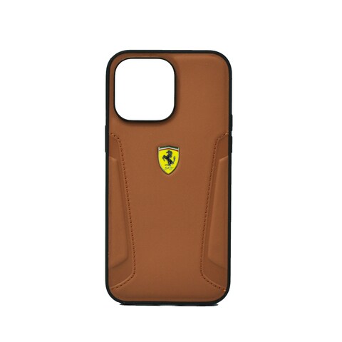 Ferrari Leather Case With Hot Stamped Sides Yellow Shield Logo For Iphone 14 Pro Max Camel