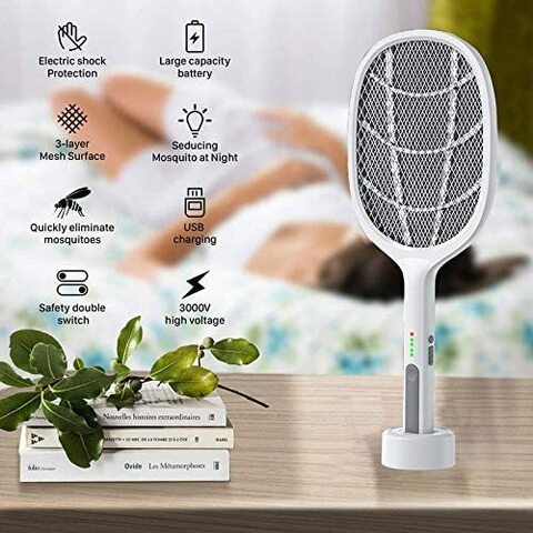 Doreen 650mAh USB Rechargeable Mosquito Bat Bug Zapper 3000Volt Indoor &amp; Outdoor Electric Fly Swatter Racket&amp;Lamp 2 in 1 for Home Bedroom Kitchen Office Backyard Patio（LH087A）