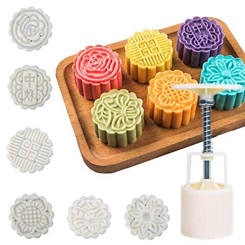 Generic Moon Cake Mold 6 Pcs, Mid Autumn Festival Diy Hand Press Cookie Stamps Pastry Tool Moon Cake Maker, Flower Mode Patterns 1 Mold 6 Stamps 50G (White).
