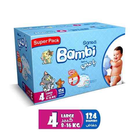 Sanita Bambi Size 4 Large 8-16 kg Super Box 124 Diapers
