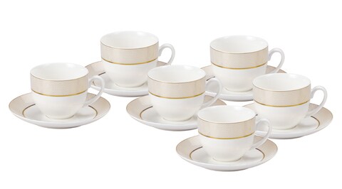 SHALLOW BONE CHINA CUPS AND SAUCERS SET, WHITE/GOLD, 90 CC, TS-90-LIN-D, 12PIECES