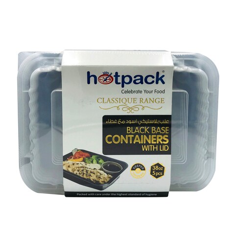 HOTPACK - 5 PIECES BLACK BASE RECTANGULAR MICROWAVABLE CONTAINER WITH LIDS 38 OUNCE