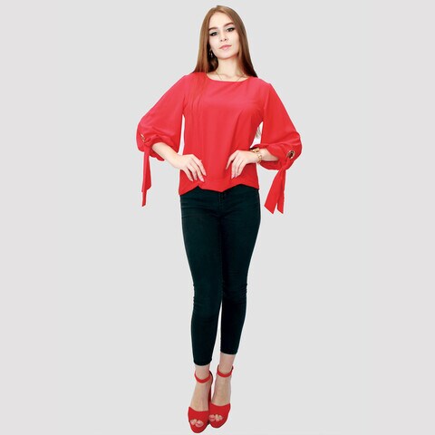 KIDWALA Size 36, Women&#39;S Tops, Tees &amp; Blouses Tie Sleeves, Red Blouse, Round Nick Top With 3/4 Quarter Sleeves Length, Waist Length Blouse
