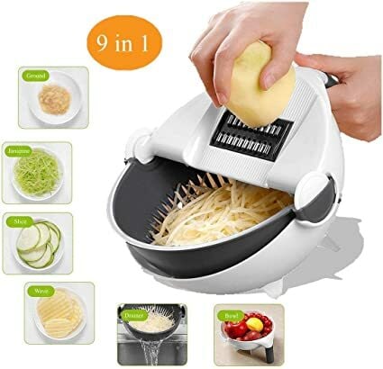 JMB 9 In 1 Drain Basket Vegetable Cutter, Rotate Vegetable Slicer With Drain Basket, Kitchen Multifunction Grater Shredder Food Dicer