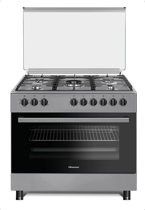 Hisense 90x60cm Free-Standing 5 Gas Cooker With Cast Iron Grill, 105 Liters Multifunction Oven, Stainless Steel HGI9B21S