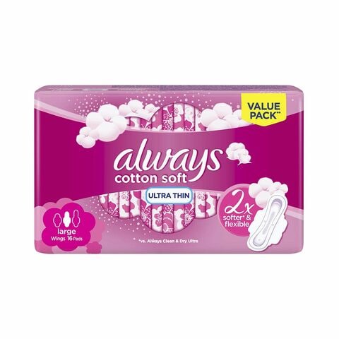 Always Cotton Soft Ultra Thin Large Sanitary Pads With Wings White 16 count