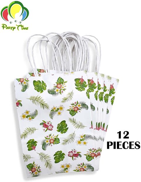 Party Time 12pcs Flowers &amp; Leaves Kraft Bags for Safari Theme, Summer Theme Party Supplies, Flamingo Theme Gift Bags, Souvenier Bags, Candy Bags for Party Favors - Birthday Party Supplies