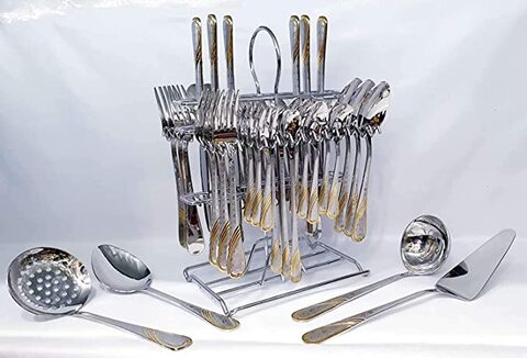 AtauX 46 PCS Solid Stainless steel Cutlery Set, Modern/Elegant Flatware Utensils with stand, Dish Washer safe - Gold