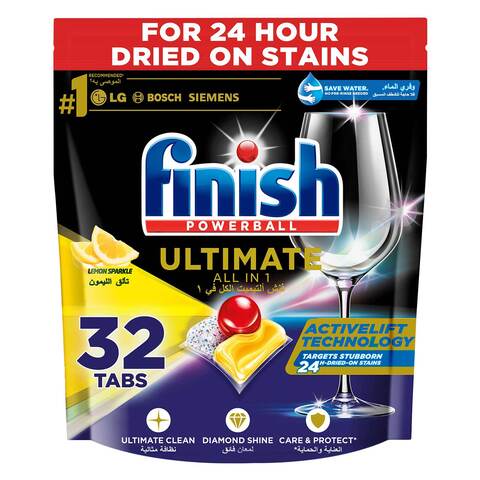 Finish Powerball Ultimate All in 1, Dishwasher Detergent Tablets for Ultimate Clean &amp; Diamond Shine, Lemon Sparkle, 32 Tabs