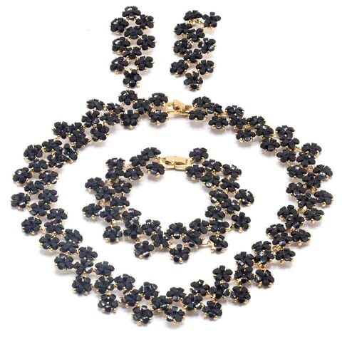 Tanos - Fashion Gold Plated Set (Necklace, Earring &amp; Bracelet) Black Flower Design